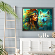 Load image into Gallery viewer, Diamond Painting - Full Round - The Indian, the White Wolf, and the Dreamcatcher (40*30CM)
