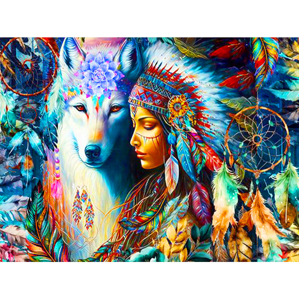 Diamond Painting - Full Round - The Indian, the Wolf, and the Dreamcatcher (40*30CM)