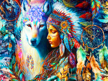 Load image into Gallery viewer, Diamond Painting - Full Round - The Indian, the Wolf, and the Dreamcatcher (40*30CM)
