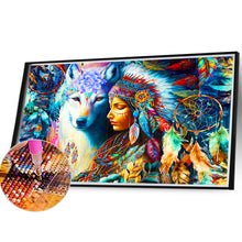 Load image into Gallery viewer, Diamond Painting - Full Round - The Indian, the Wolf, and the Dreamcatcher (40*30CM)
