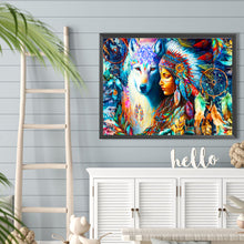 Load image into Gallery viewer, Diamond Painting - Full Round - The Indian, the Wolf, and the Dreamcatcher (40*30CM)
