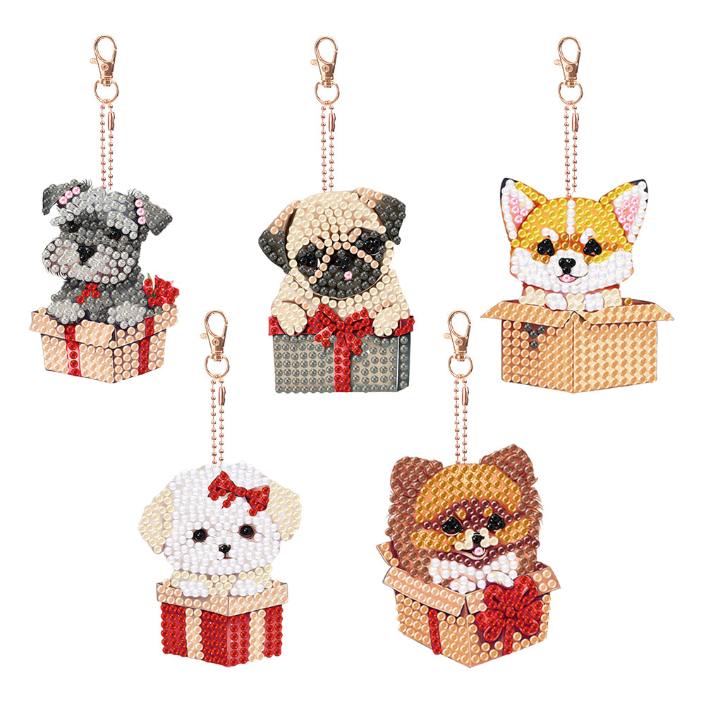 DIY Diamond Art Keychains Double Sided 5pcs Gem Keychains (Gift Puppy)