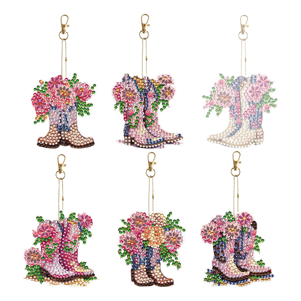 DIY Diamond Art Keychains Cartoon 6pcs (Pink Floral Boots)