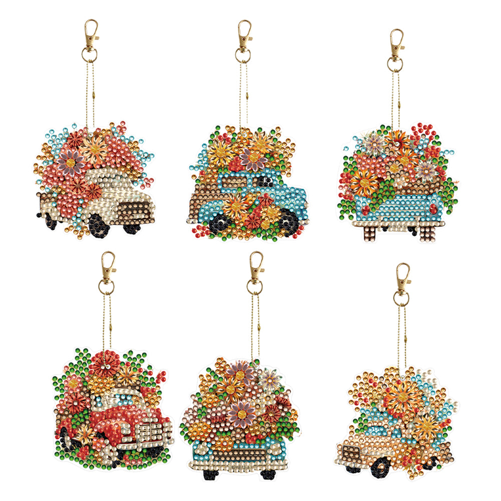 DIY Diamond Art Keychains Cartoon 6pcs (Flower Trolley)