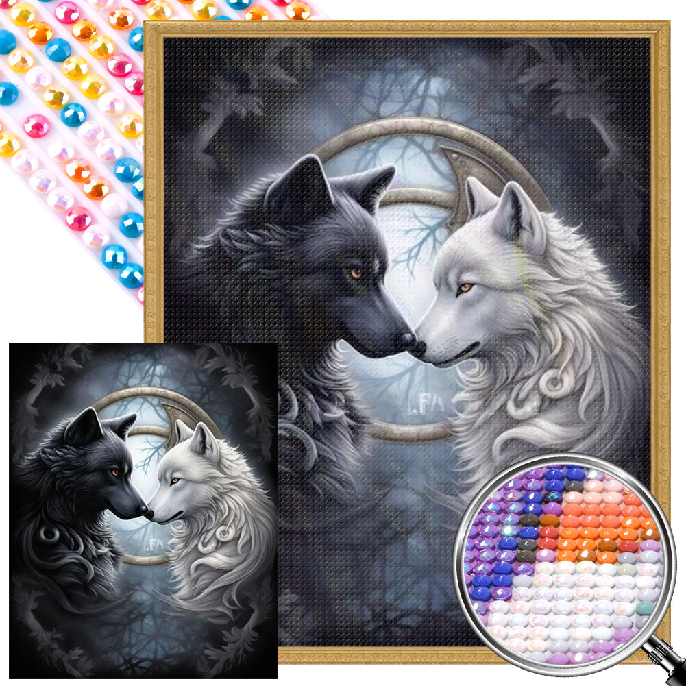 AB Diamond Painting - Full Round - black and white twin wolves (40*50CM)
