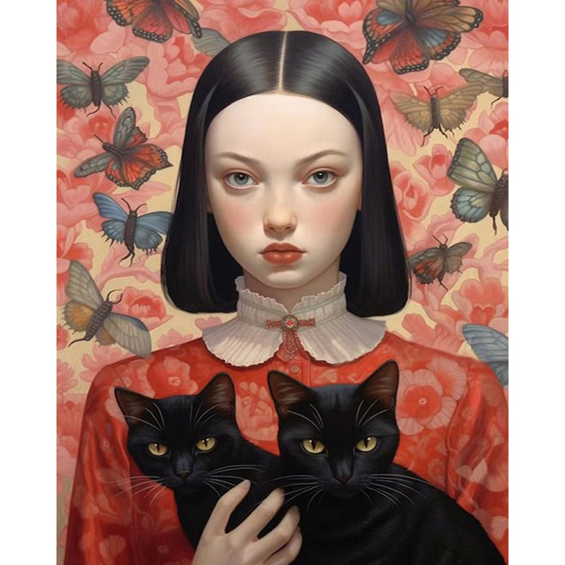 AB Diamond Painting - Full Round - black cat butterfly girl (40*50CM)