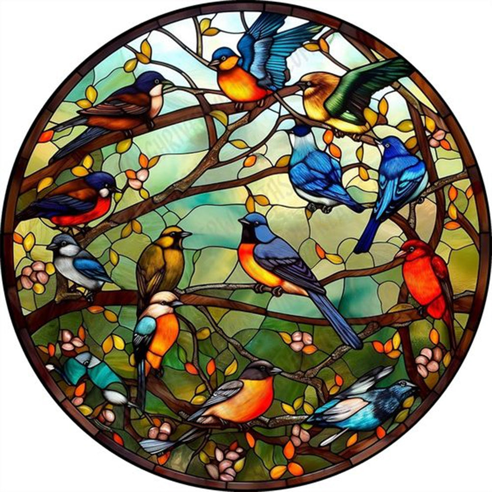 Diamond Painting - Full Round - Round Card Birds Singing Flowers (30*30CM)