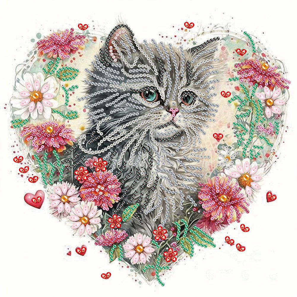 Diamond Painting - Partial Special Shaped - love flower frame cat (30*30CM)