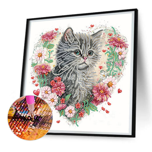 Diamond Painting - Partial Special Shaped - love flower frame cat (30*30CM)