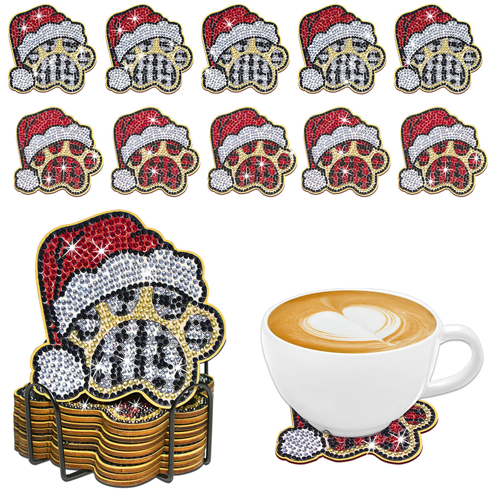 10PCS Diamond Painting Coasters Kit with Holder DIY Animals Paw Diamonds Coaster