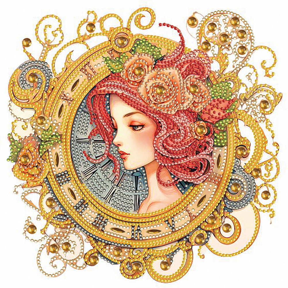 Diamond Painting - Partial Special Shaped - clock with redhead girl (30*30CM)
