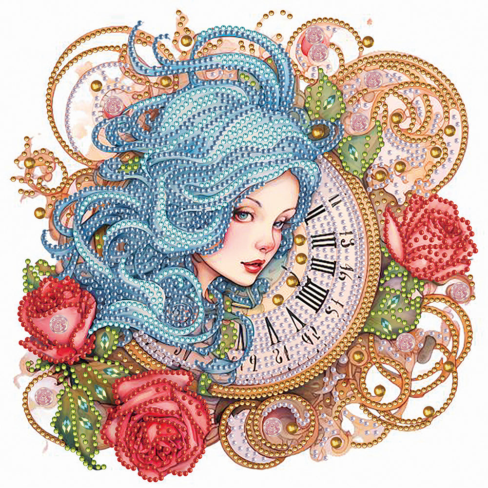 Diamond Painting - Partial Special Shaped - Clock and blue-haired girl (30*30CM)