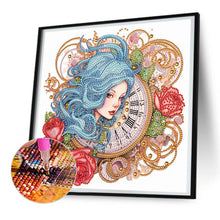 Load image into Gallery viewer, Diamond Painting - Partial Special Shaped - Clock and blue-haired girl (30*30CM)
