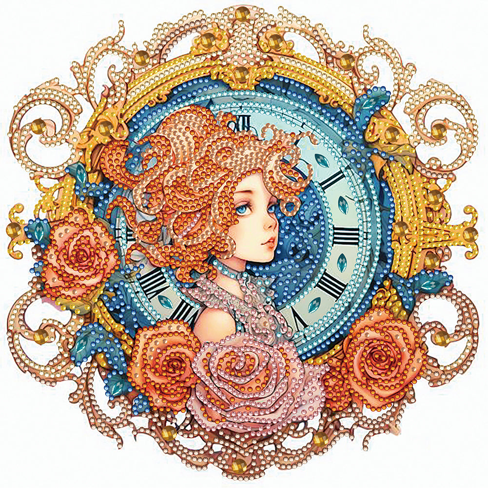 Diamond Painting - Partial Special Shaped - clock with brunette girl (30*30CM)