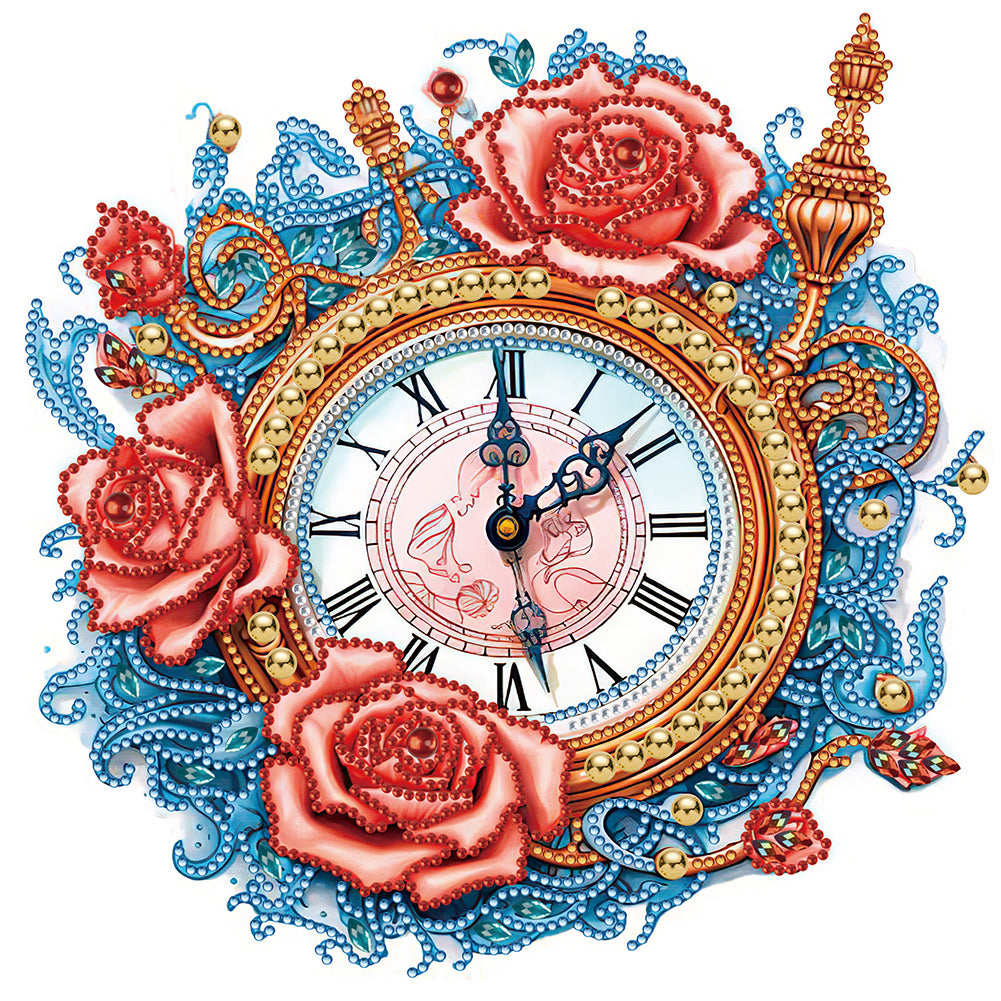 Diamond Painting - Partial Special Shaped - Clock and blue vine roses (30*30CM)