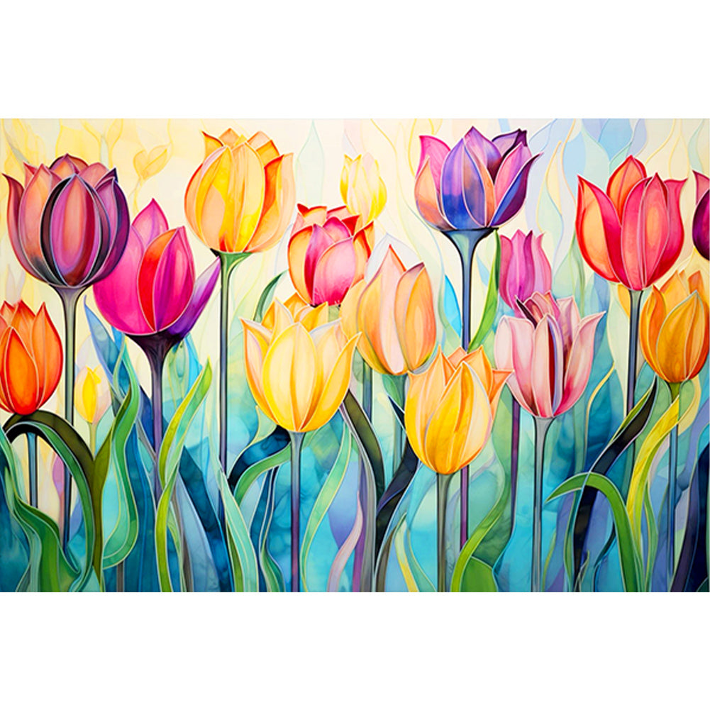 Diamond Painting - Full Round - glass art tulip field (60*40CM)