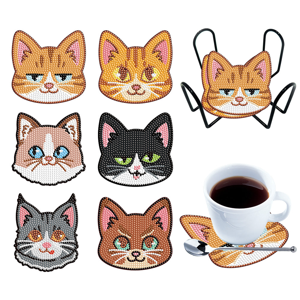 6PCS Diamond Crafts Coasters Diamond Painting Art Coasters (Kitty)