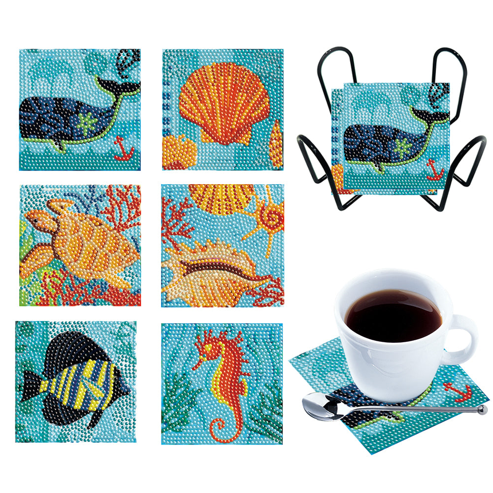 6PCS Diamond Painting Art Coasters with Holder Wooden (Marine Life)
