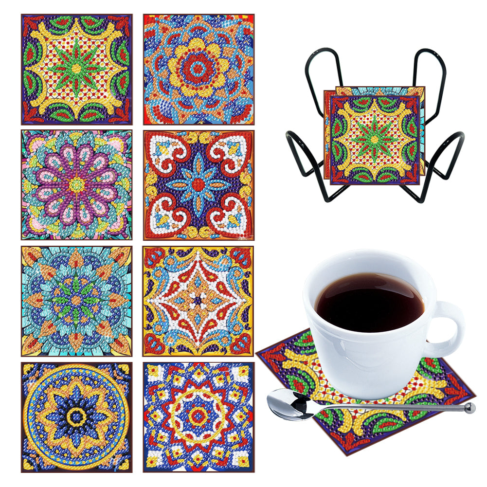 8pcs Acrylic Diamond Art Coaster Kaleidoscope Round Diamond Painting DIY Coaster