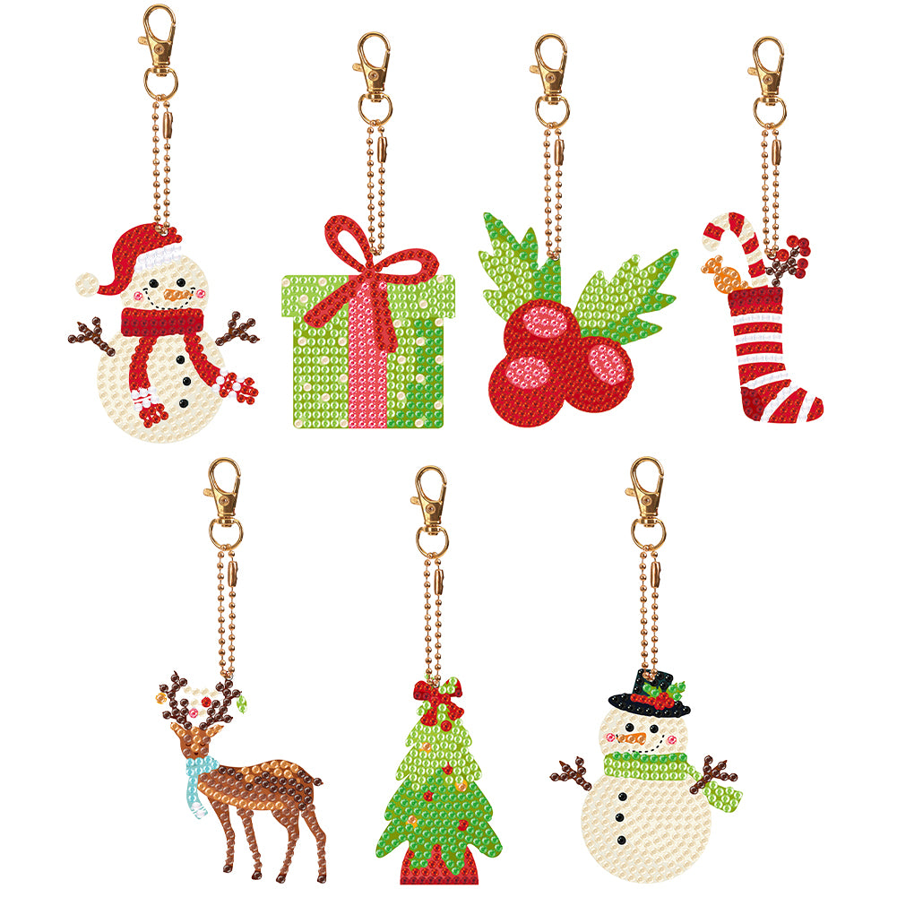 Double Sided Diamond Painting Keychains Snowman Special Shape Elk 7PCS Xmas Tree