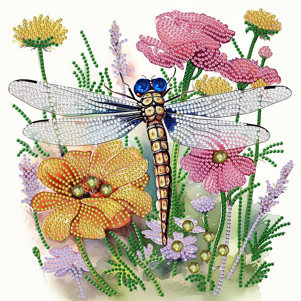 Diamond Painting - Partial Special Shaped - Flowers and Dragonflies (30*30CM)