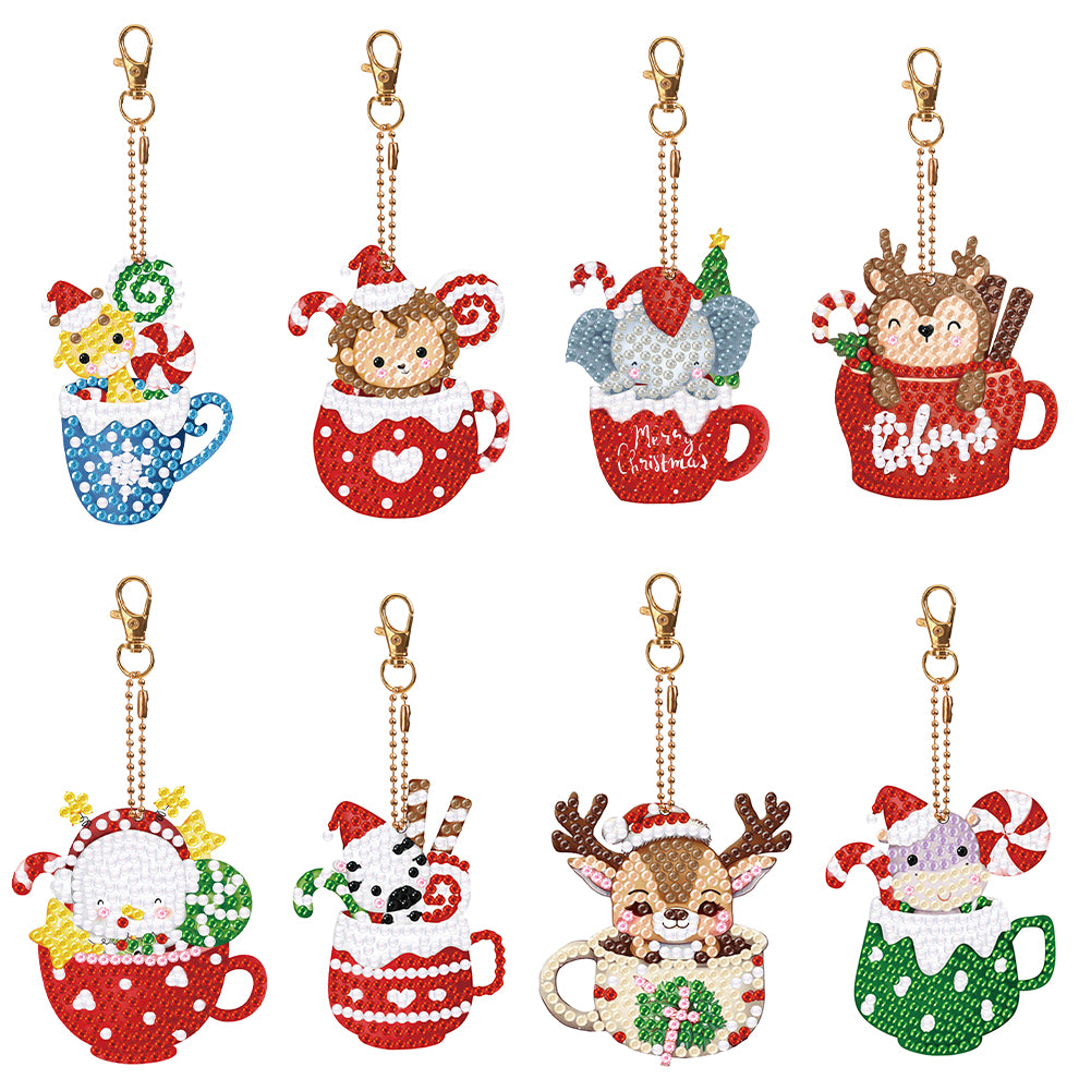 8PCS Rhinestone Painting Pendant Double Sided (Xmas Hat Cup Animal)
