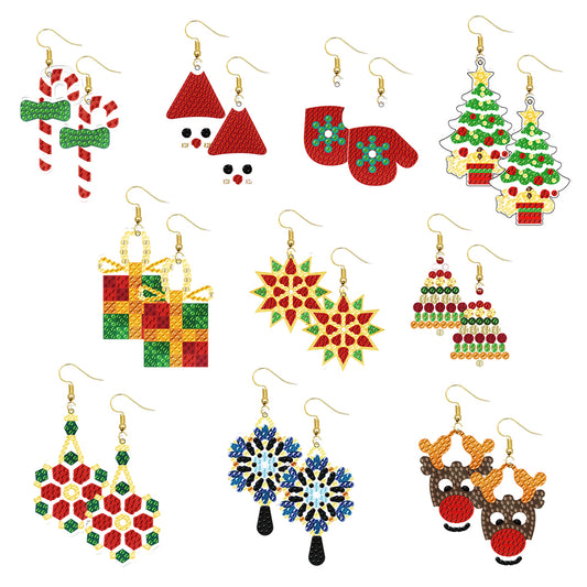 10Pairs Round Double Sided Diamond Painting DIY Earring Making Kit Elk Christmas
