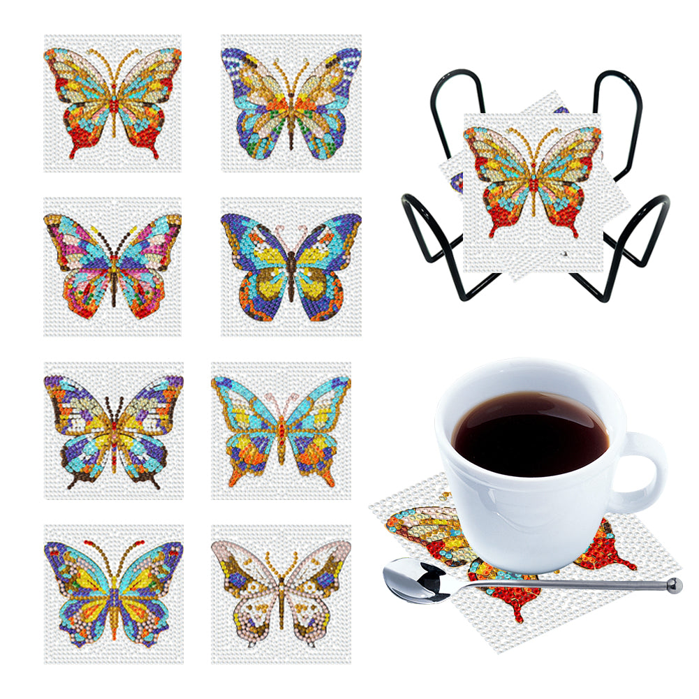 Diamond Painting Art Coaster Kit Acrylic Round with Holder (8pcs Butterfly)