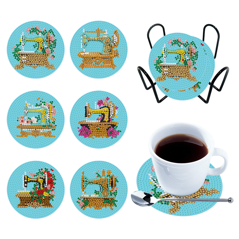 Diamond Painting Art Coaster Kit Acrylic Round with Holder (6pcs Sewing Machine)