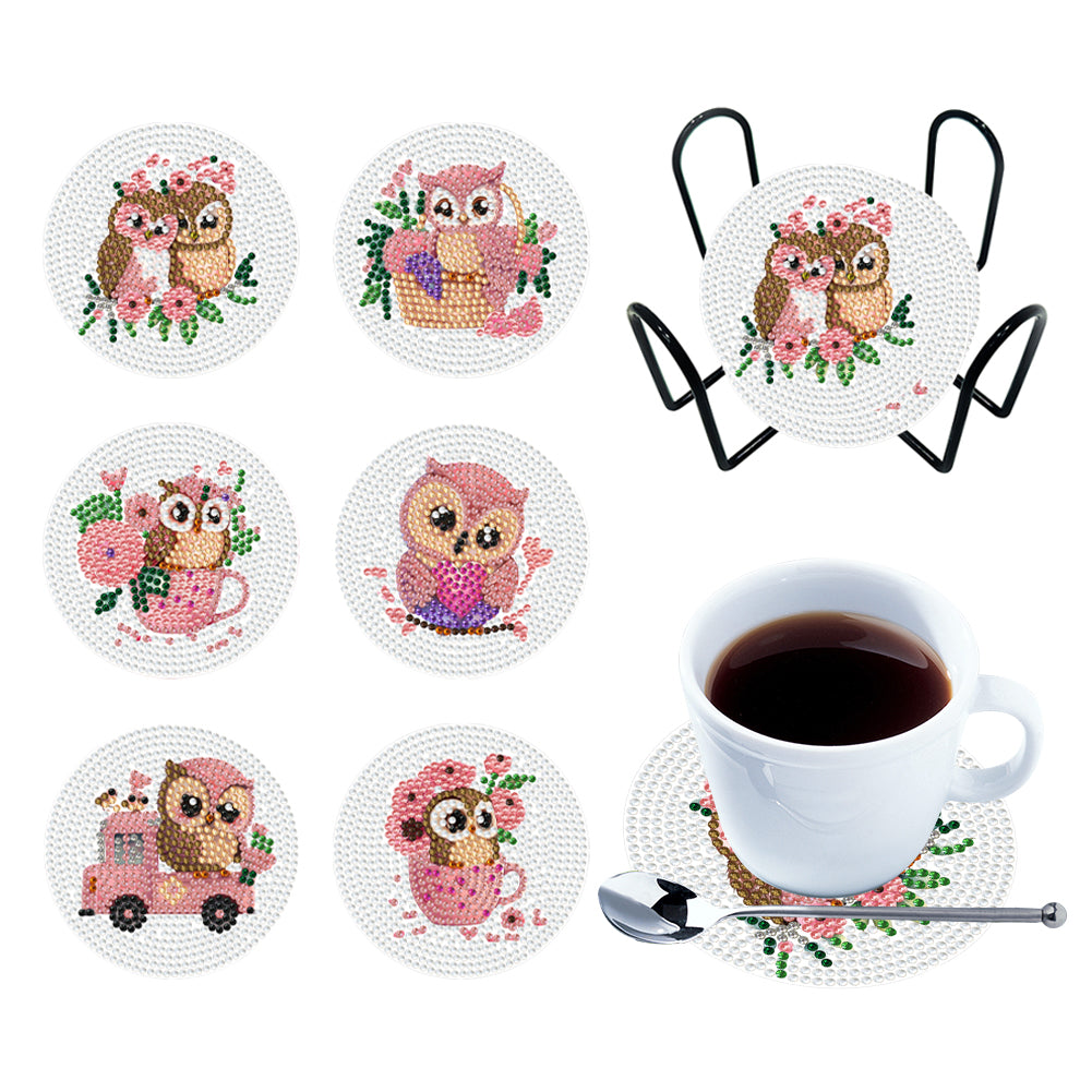 Diamond Painting Art Coaster Kit Acrylic Round with Holder (6pcs Pink Owl)