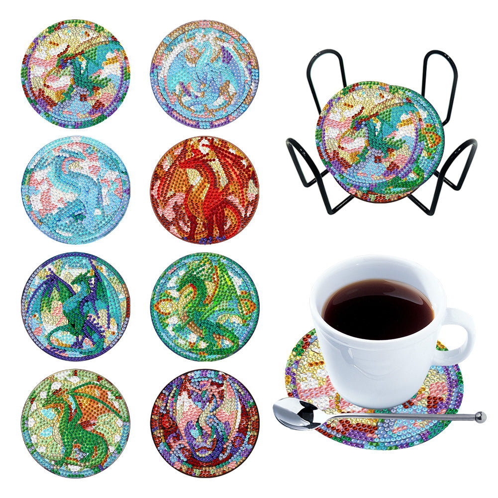 Diamond Painting Art Coaster Kit Acrylic Round with Holder (8pcs Pterosaur)