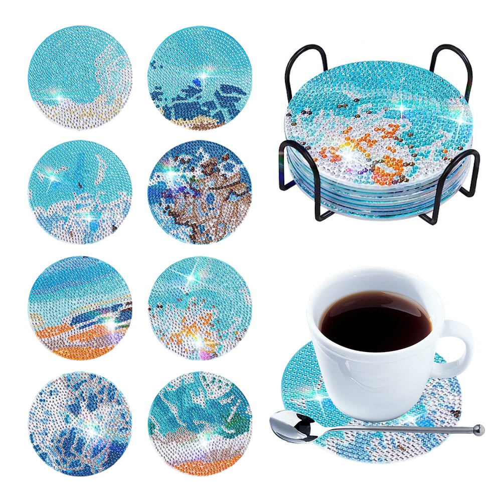 6/8/10PCS Special Shape Diamond Painting Art Coaster Kit with Holder Cartoon Cat