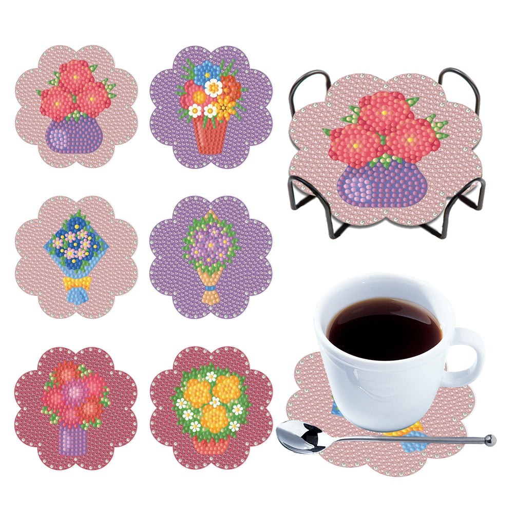 6/8/10PCS Special Shape Diamond Painting Art Coaster Kit with Holder Cartoon Cat