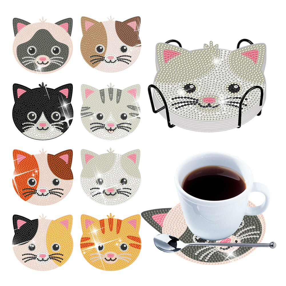 6/8/10PCS Special Shape Diamond Painting Art Coaster Kit with Holder Cartoon Cat