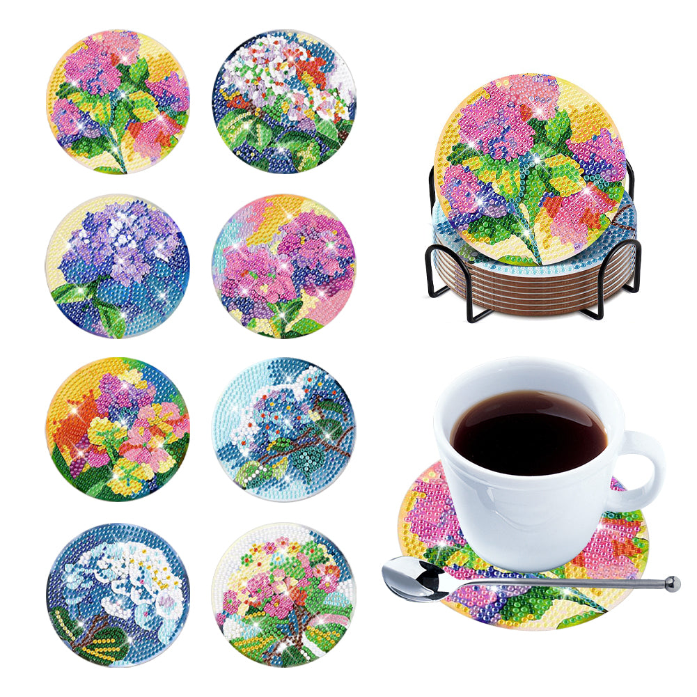 Wooden Diamond Painting Art Coaster Kit with Holder (8PCS Flower)