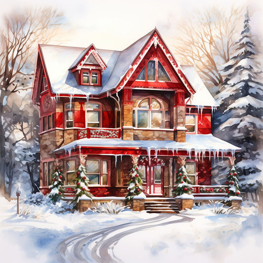 Diamond Painting - Full Round - christmas red house in snow (40*40CM)