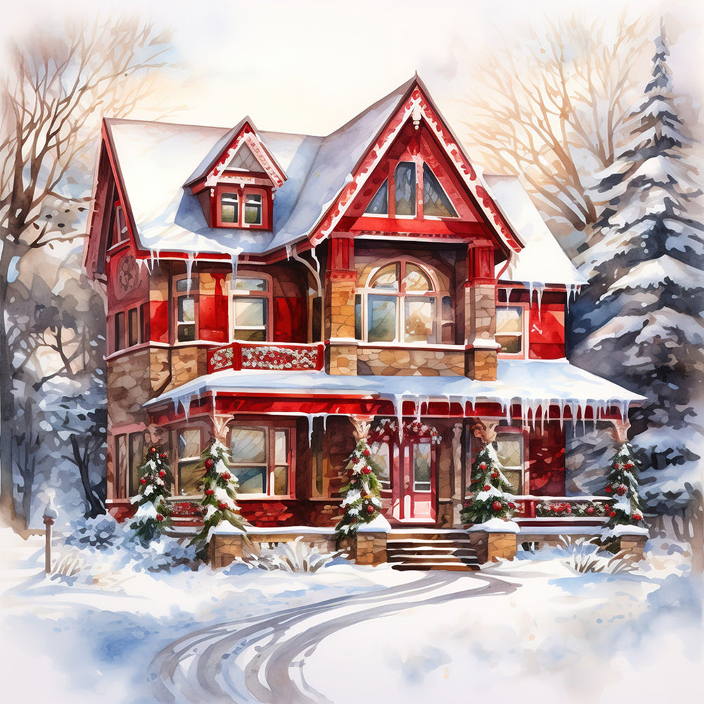 Diamond Painting - Full Round - christmas red house in snow (40*40CM)