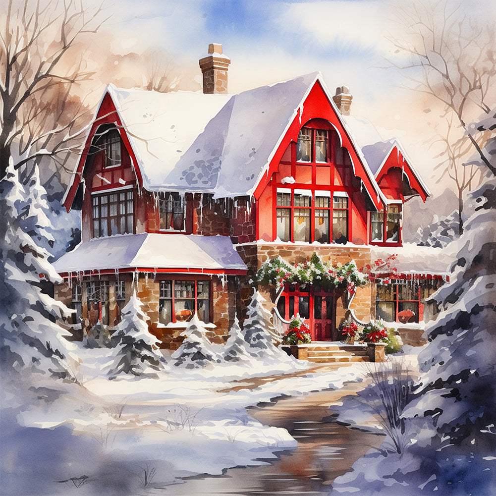 Diamond Painting - Full Round - christmas red house in snow (40*40CM)