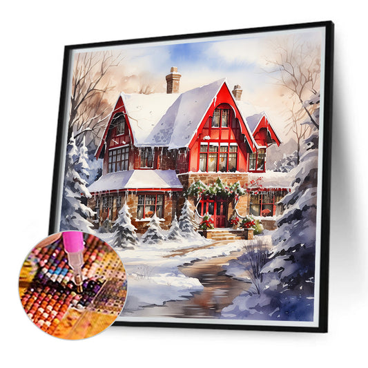 Diamond Painting - Full Round - christmas red house in snow (40*40CM)