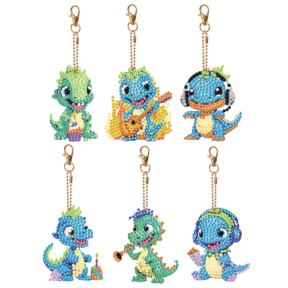 6PCS Diamond Painting Keychains Double Sided Full Drill Keyring (Dinosaurs)
