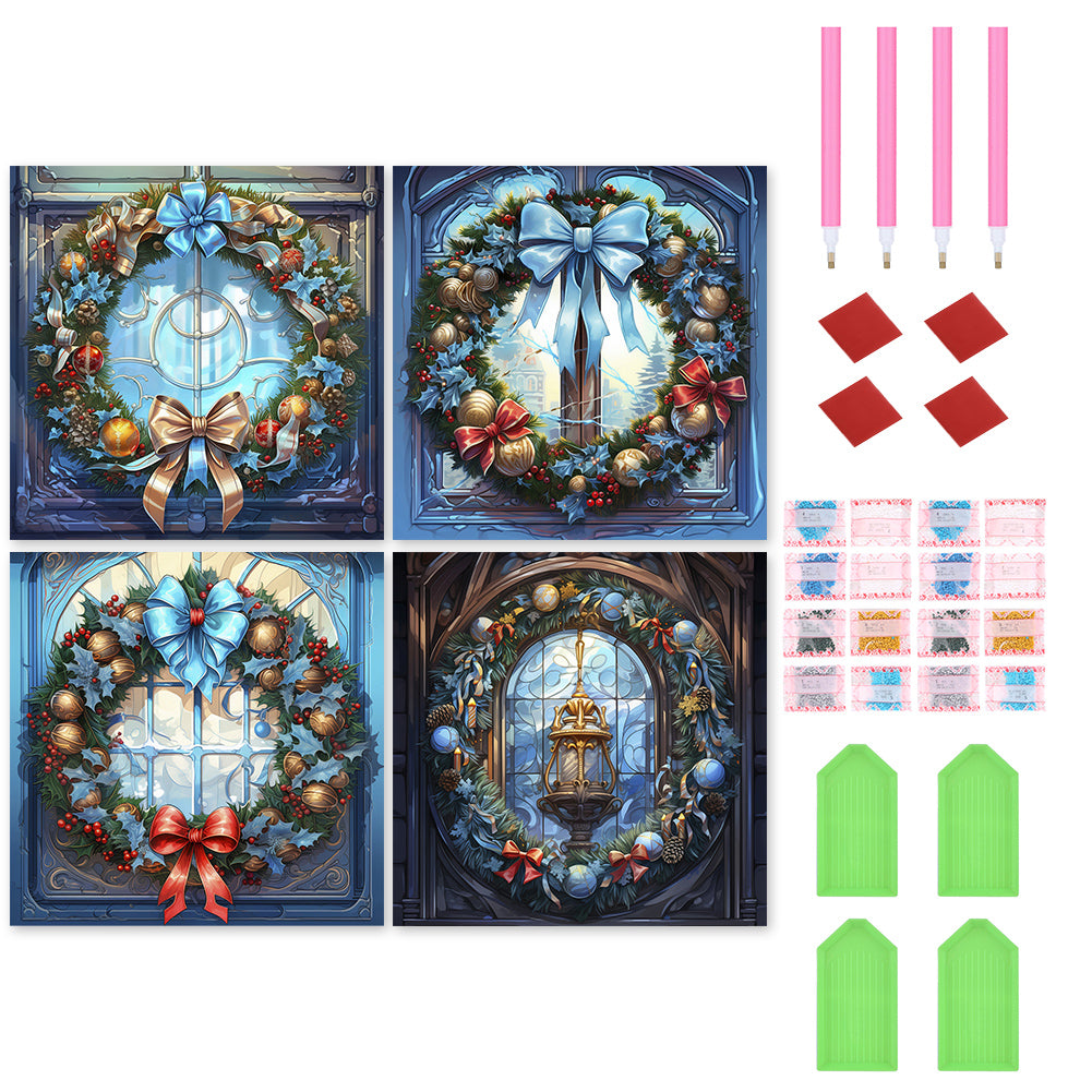 4pcs Diamond Painting Set - Christmas wreath glass art (30*30CM)
