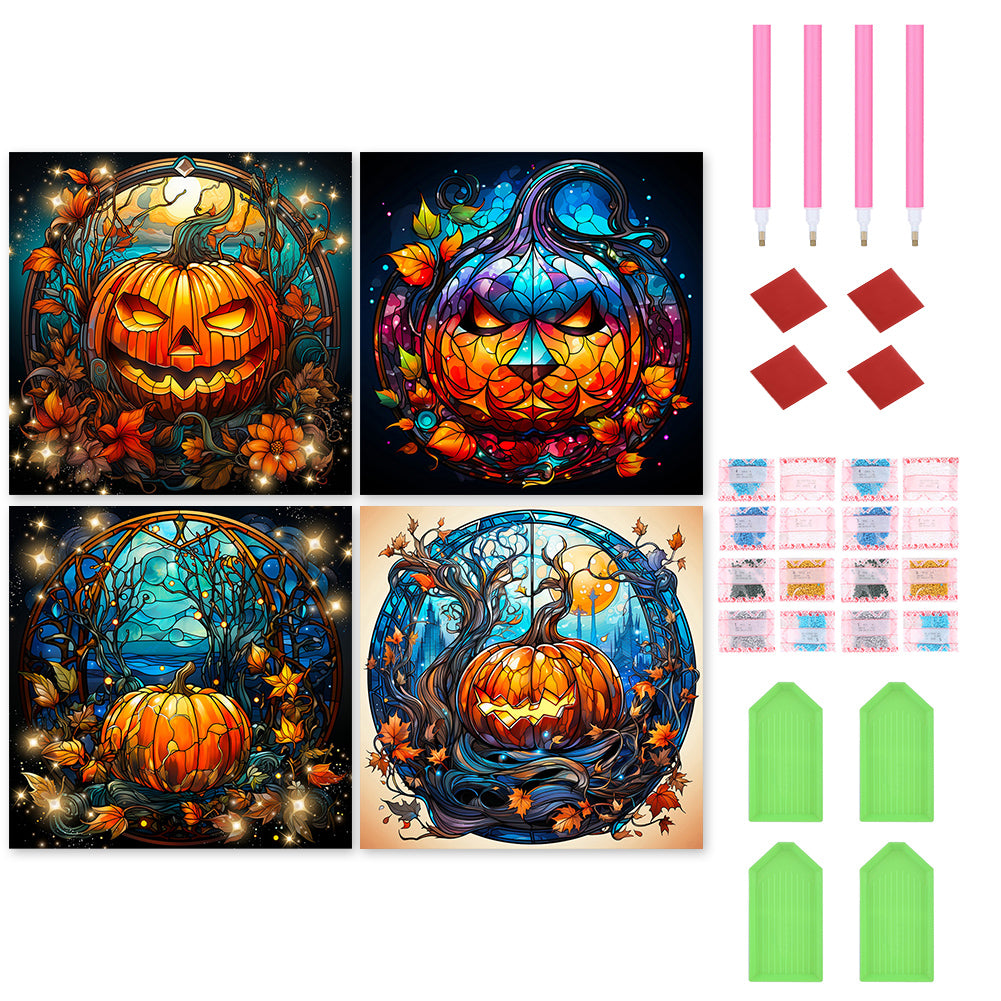 4pcs Diamond Painting Set - Halloween Pumpkin Glass Painting (30*30CM)