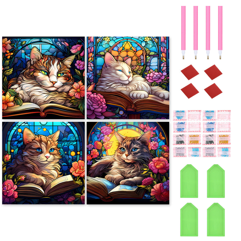 4pcs Diamond Painting Set - Reading Cat Glass Painting (30*30CM)