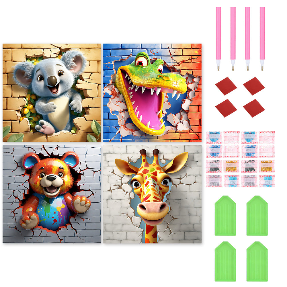 4pcs Diamond Painting Set - small animals breaking through the wall (30*30CM)