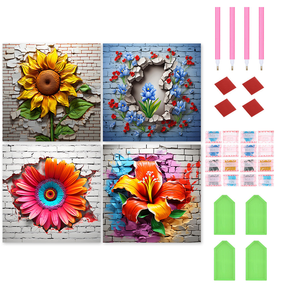 4pcs Diamond Painting Set - Flowers bursting through the wall (30*30CM)