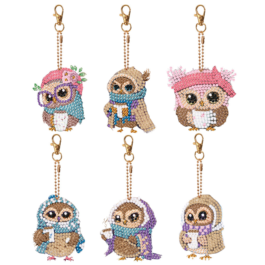 6PCS Full Drill Keyring Special Shape Double Sided Diamond Painting Keychain Owl