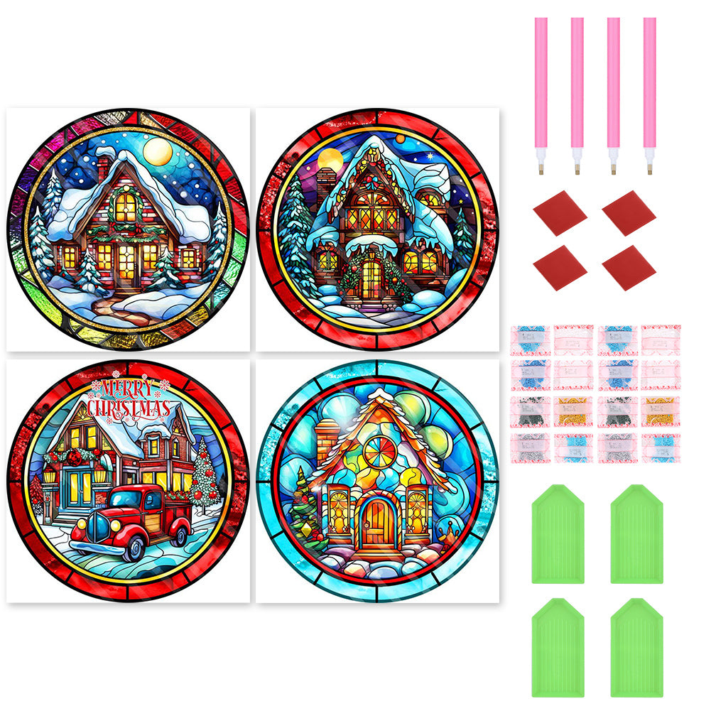 4pcs Diamond Painting Set - Christmas cottage glass painting (30*30CM)