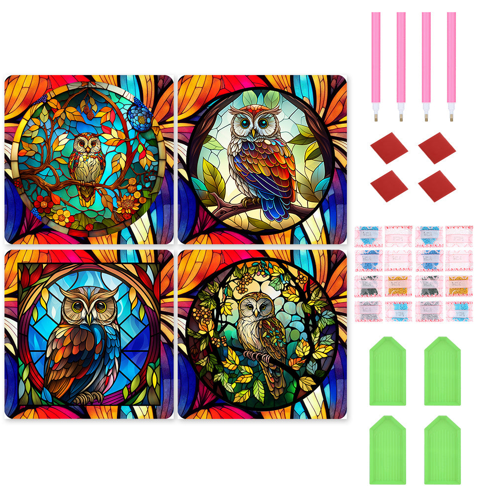 4pcs Diamond Painting Set - owl glass painting (30*30CM)