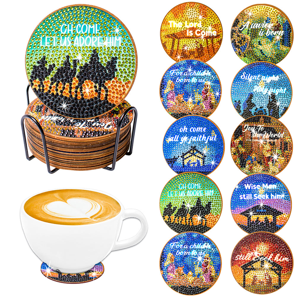 8/10PCS Diamond Painting Art Coaster Kit Halloween Cat Autumn Hot Cocoa Nativity
