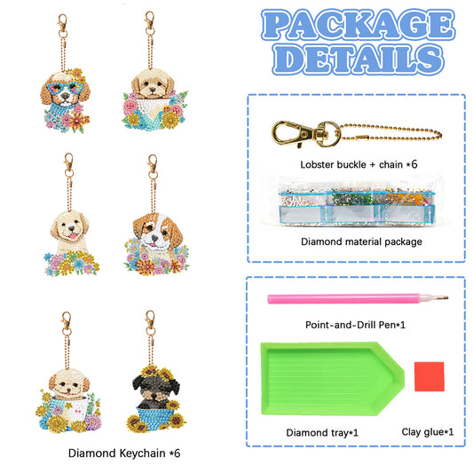 6PCS Diamond Art Keyring Calf Double Sided Diamond Painting Art Keychain Pendant